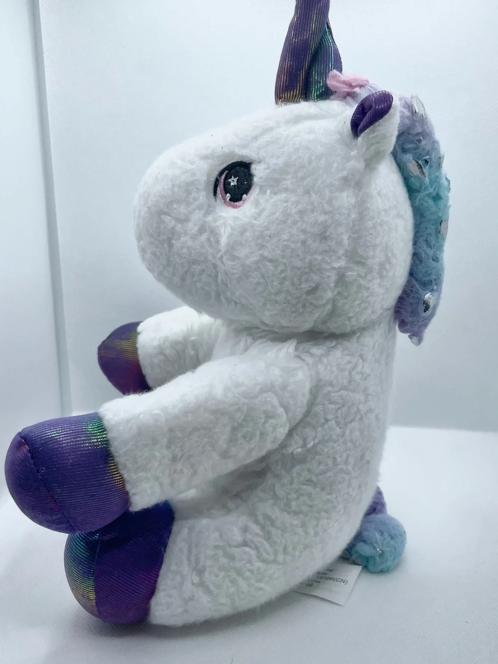 White Unicorn Plush with Iridescent Purple Hooves and Horn Sz Small